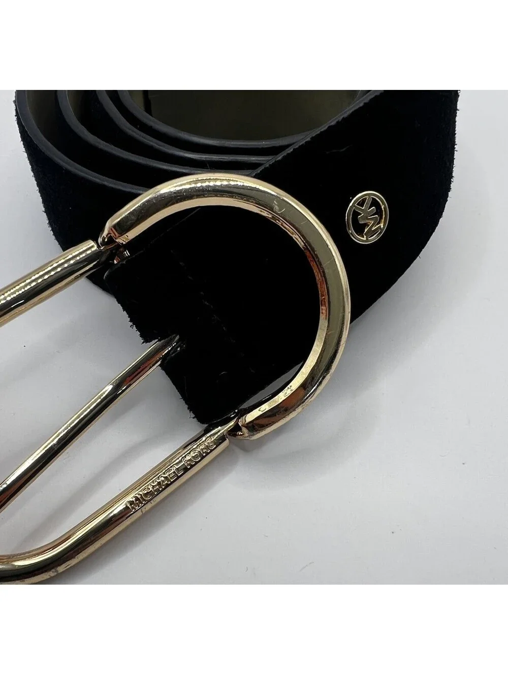 Michael Kors Black Suede Genuine Leather Belt Gold Oval Buckle Stud Logo | XL